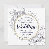 Navy Blue & Gold Peony Modern Floral Toile Wedding Kaart (Voorkant)
