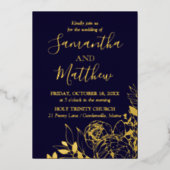 Navy Blue & Gold Peony Modern Floral Wedding Folie Uitnodiging (Voorkant)