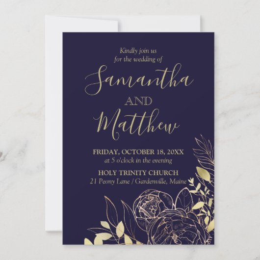 Navy Blue & Gold Peony Modern Floral Wedding Kaart (Voorkant)