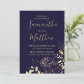 Navy Blue & Gold Peony Modern Floral Wedding Kaart (Staand voorkant)