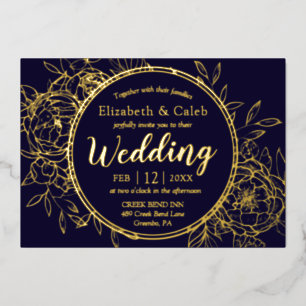 Navy Blue & Gold Peony Modern Toile Wedding Folie Uitnodiging