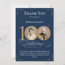 Navy Blue Gold Photo 100th Birthday Thank You Card Kaart