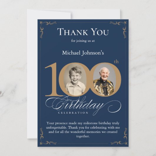 Navy Blue Gold Photo 100th Birthday Thank You Card Kaart (Voorkant)