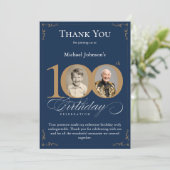 Navy Blue Gold Photo 100th Birthday Thank You Card Kaart (Staand voorkant)
