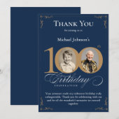 Navy Blue Gold Photo 100th Birthday Thank You Card Kaart (Voorkant / Achterkant)