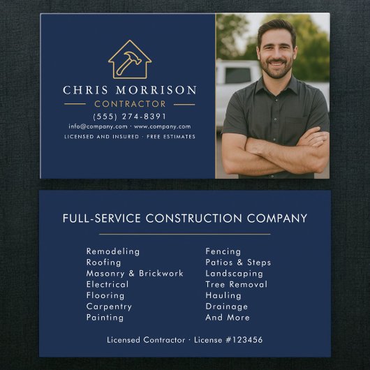 Navy Blue Gold Photo Building Construction Visitekaartje