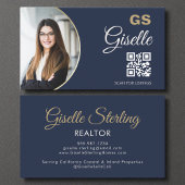 Navy Blue Gold Photo Monogram Realtor QR-code Visitekaartje