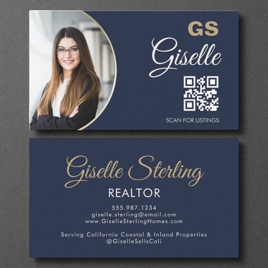 Navy Blue Gold Photo Monogram Realtor QR-code Visitekaartje