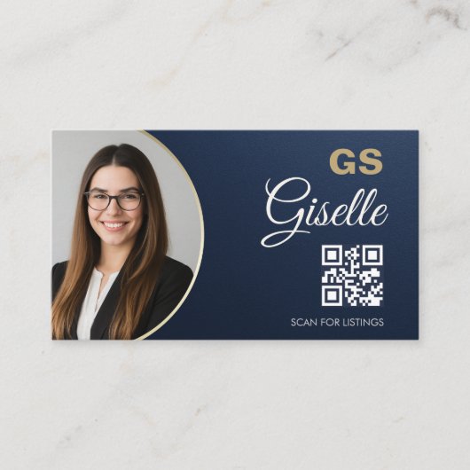 Navy Blue Gold Photo Realtor QR Code Metallic Visitekaartje (Voorkant)