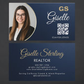 Navy Blue Gold Photo Realtor QR Code Metallic Visitekaartje