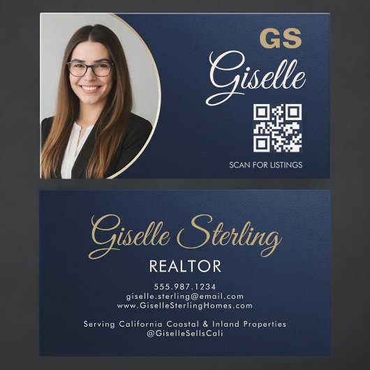 Navy Blue Gold Photo Realtor QR Code Metallic Visitekaartje