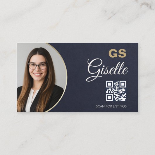 Navy Blue Gold Photo Realtor QR Code Slate Stone Visitekaartje (Voorkant)