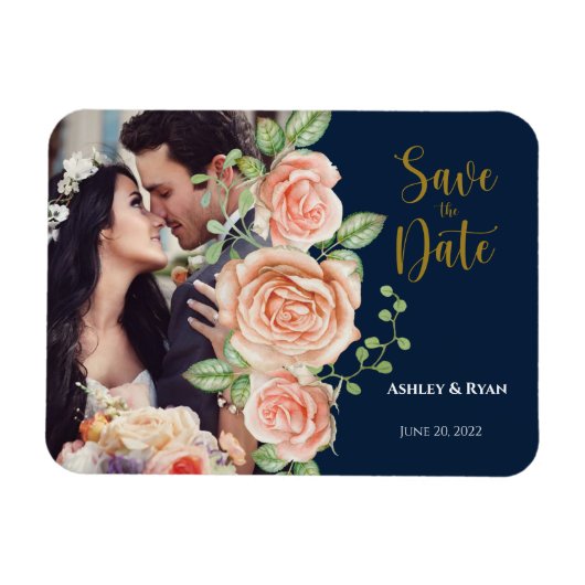 Navy Blue Gold Photo Wedding Save the Date Magneet (Horizontaal)