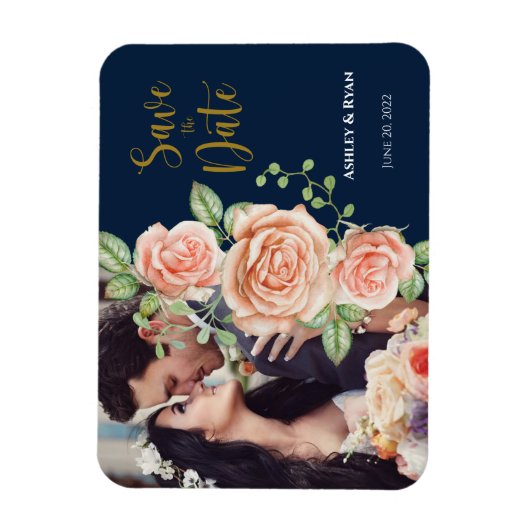 Navy Blue Gold Photo Wedding Save the Date Magneet (Verticaal)