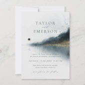 Navy Blue & Gold Pine Tree & Lake Wedding Kaart (Voorkant)