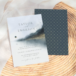 Navy Blue & Gold Pine Tree & Lake Wedding Kaart