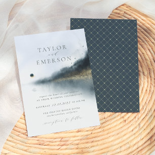 Navy Blue & Gold Pine Tree & Lake Wedding Kaart