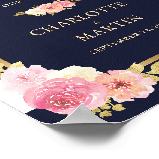 Navy Blue Gold Pink Floral Weddenschap Welkomsttek Poster (Hoek)