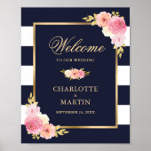 Navy Blue Gold Pink Floral Weddenschap Welkomsttek Poster (Voorkant)
