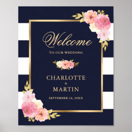 Navy Blue Gold Pink Floral Weddenschap Welkomsttek Poster