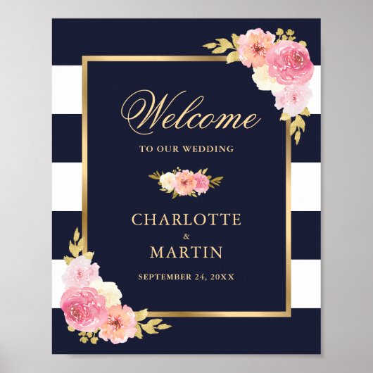Navy Blue Gold Pink Floral Weddenschap Welkomsttek Poster (Voorkant)