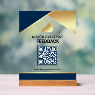 Navy Blue Gold QR-code Klantfeedback Beoordeling Acryl Bord