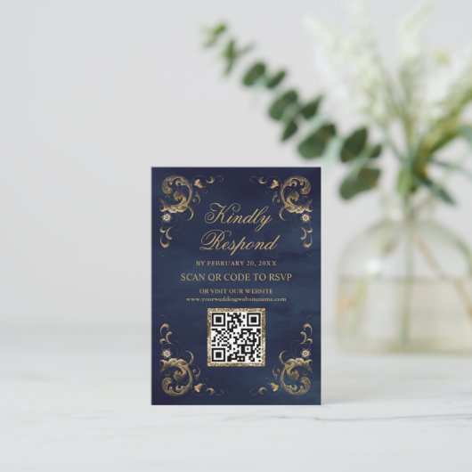Navy Blue Gold QR Code RSVP Weddenschap Website Informatiekaartje (Staand voorkant)