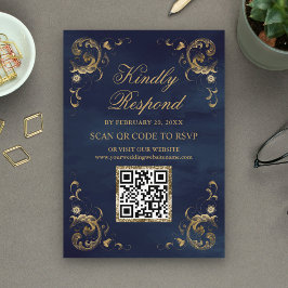 Navy Blue Gold QR Code RSVP Weddenschap Website Informatiekaartje