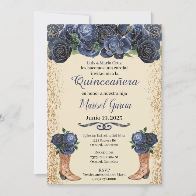 Navy Blue Gold Quinceanera Invitation Floral Blue  (Voorkant)