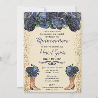 Navy Blue Gold Quinceanera Invitation Floral Blue