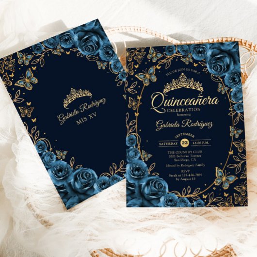 Navy Blue Gold Quinceanera Kaart