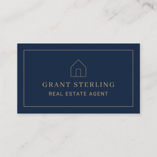 Navy Blue Gold Real Estate Agent Photo Visitekaartje (Voorkant)