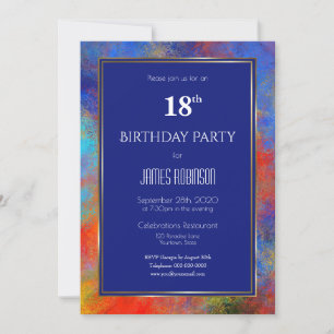 Navy Blue Gold Red Waterverf 18th Birthday Party Kaart
