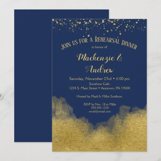 Navy Blue Gold repesial Dinner Invitation Kaart (Voorkant / Achterkant)