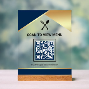 Navy Blue Gold Restaurant Digitaal QR Codemenu Acryl Bord