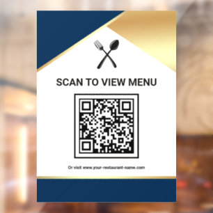 Navy Blue Gold Restaurant Digitale QR Code Menu Raamsticker