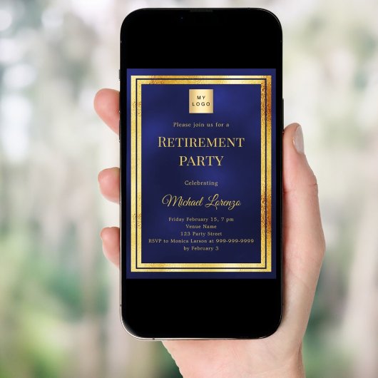 Navy blue gold retirement party business logo kaart