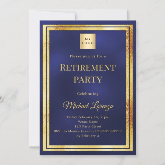 Navy blue gold retirement party business logo kaart (Voorkant)
