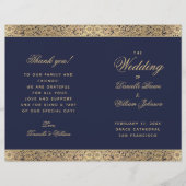 Navy Blue Gold Roos  Folded Wedding Program (Voorkant)