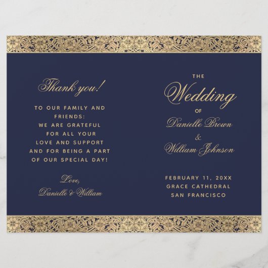 Navy Blue Gold Roos  Folded Wedding Program (Voorkant)