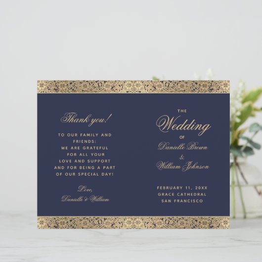Navy Blue Gold Roos  Folded Wedding Program (Staand voorkant)