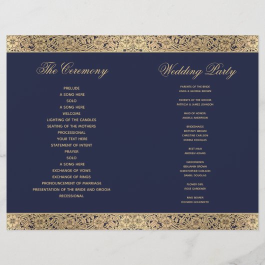 Navy Blue Gold Roos  Folded Wedding Program (Achterkant)