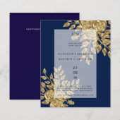 Navy Blue Gold Roos Metallic Wedding Invitations (Voorkant / Achterkant)