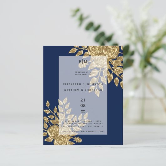 Navy Blue Gold Roos Metallic Wedding Invitations (Staand voorkant)