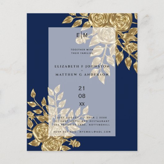 Navy Blue Gold Roos Metallic Wedding Invitations (Voorkant)