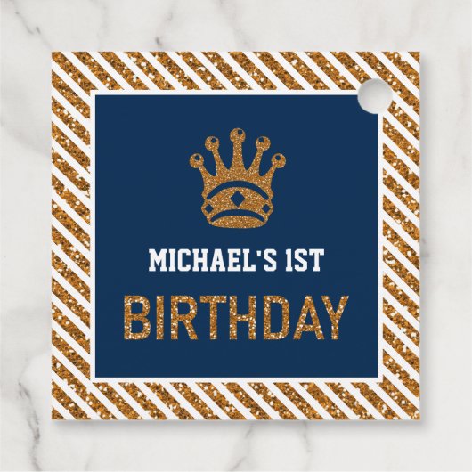 Navy Blue Gold Royal Prince Kroon Eerste Verjaarda Bedankjes Labels (Achterkant)