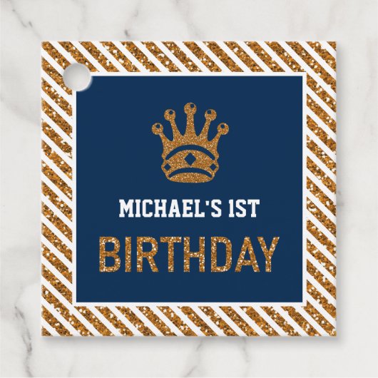 Navy Blue Gold Royal Prince Kroon Eerste Verjaarda Bedankjes Labels (Voorkant)