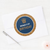 Navy Blue Gold Royal Prince Kroon Eerste Verjaarda Ronde Sticker (Envelop)