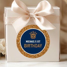 Navy Blue Gold Royal Prince Kroon Eerste Verjaarda Ronde Sticker