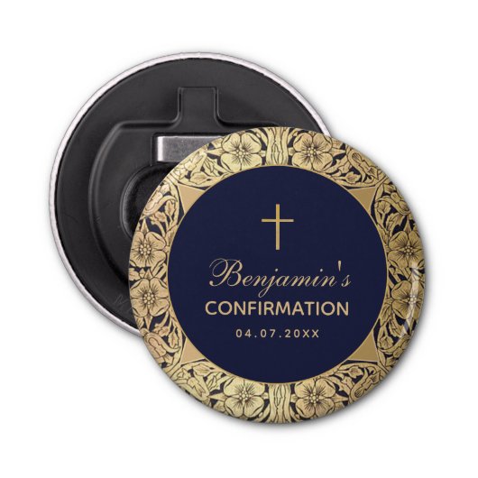 Navy Blue Gold Rozen Boy Bevestiging Button Flesopener (Voorkant)